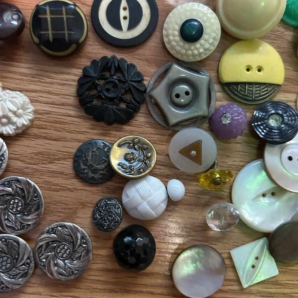 Vintage Buttons & buckles plastic glass shell metal carved pressed shank
